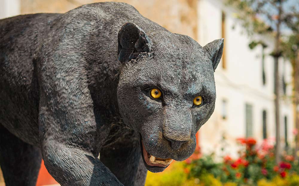 Primer plano de la estatua de la pantera de Vetnas de Huelma en Granada