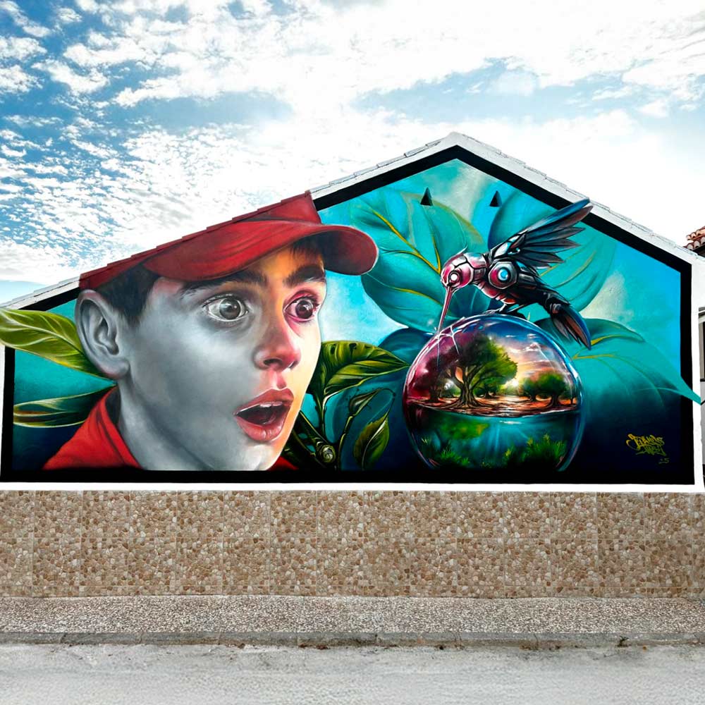 Mural La pequeña Ácula de Jacobo Palos en Ventas de Huelma, Liga Nacional de Graffiti 2025